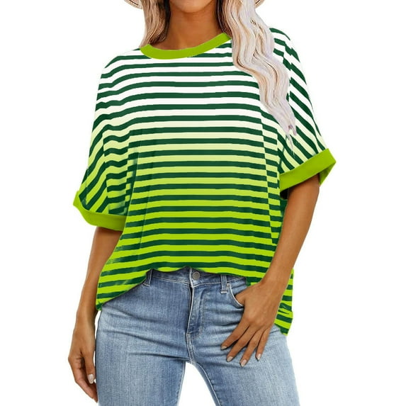hxobax Women's Oversized Striped Tshirts Summer Rolled Short Sleeve Tunic Tops Color Block Blouses
