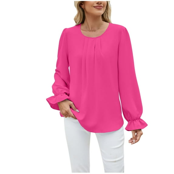 hxobax Women's Ruffle Long Sleeve Work Shirts Casual Round Neck Pleated Blouse Comfy Tunic Shirt Top