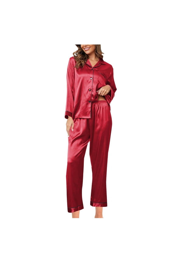 Women's Satin Silk Pajama Set 2 Piece Womens Classic Long Sleeve Button Down Shirt Sleepwear Tops Elastic Waist Full-Length Bottom Pajamas Sets Pjs Pj Matching Loungewear,#01_Wine,XX-Large