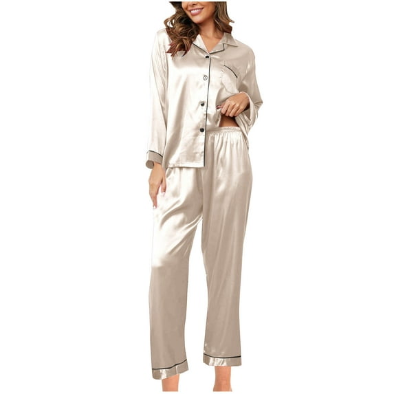 hxobax Women's Satin Silk Pajama Set 2 Piece Womens Classic Long Sleeve Button Down Shirt Sleepwear Tops Elastic Waist Full-Length Bottom Pajamas Sets Pjs Pj Matching Loungewear,#01_Beige,Medium