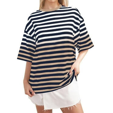 hxobax Women's Striped Oversized T Shirts Casual Crewneck Short Sleeve Summer Tops Cute Basic Tees