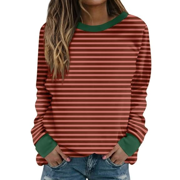 hxobax Women's Striped Sweatshirts Colorblock Crewneck Long Sleeve Pullover Tops Tunic Raglan Shirts