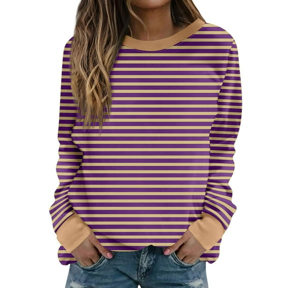 hxobax Women's Striped Sweatshirts Colorblock Crewneck Long Sleeve Pullover Tops Tunic Raglan Shirts