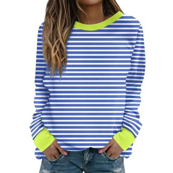 hxobax Women's Striped Sweatshirts Colorblock Crewneck Long Sleeve Pullover Tops Tunic Raglan Shirts