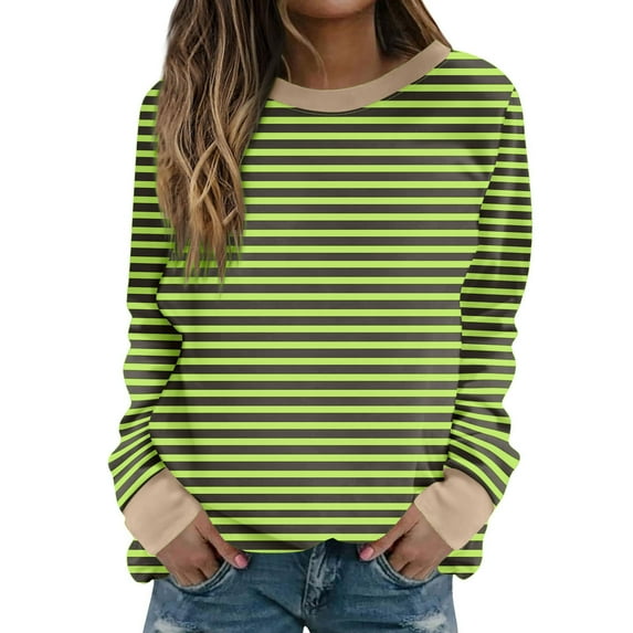 hxobax Women's Striped Sweatshirts Colorblock Crewneck Long Sleeve Pullover Tops Tunic Raglan Shirts