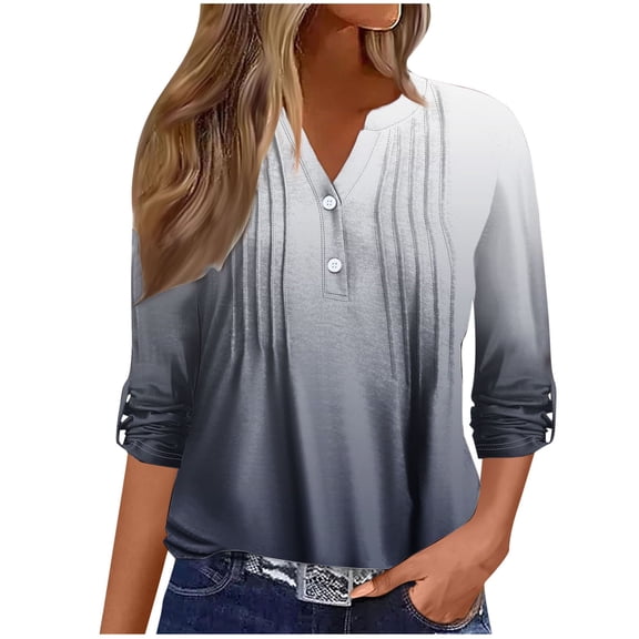 hxobax Women's T-Shirts Fall Rolled Long Sleeve Tops V Neck Button Shirts Ombre Tunic Pleated Blouse