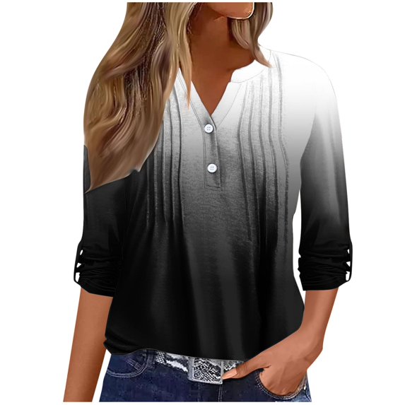 hxobax Women's T-Shirts Fall Rolled Long Sleeve Tops V Neck Button Shirts Ombre Tunic Pleated Blouse