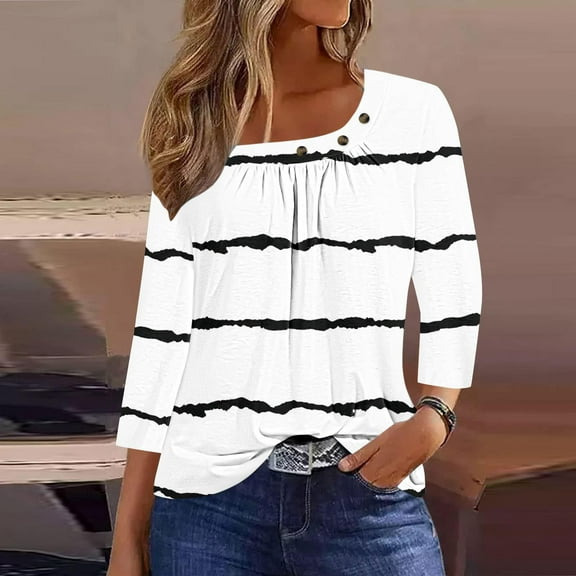 hxobax Women's Tie Dye Striped Shirts 3/4 Sleeve Tunic Tops Square Neck Button Shirt Pleated Blouses