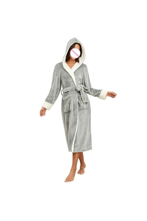 Women's Warm Flannel Hooded Robes Womens Thicker Plush Soft Bathrobes Comfy Sleepwear Hoodies Shawl Collar Bathrobe Pajama Winter Cute Long Housecoat Loungewear Belt Pocket,Gray,Medium
