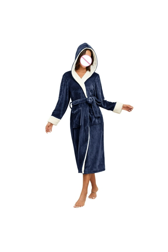 Women's Warm Flannel Hooded Robes Womens Thicker Plush Soft Bathrobes Comfy Sleepwear Hoodies Shawl Collar Bathrobe Pajama Winter Cute Long Housecoat Loungewear Belt Pocket,Navy,X-Large