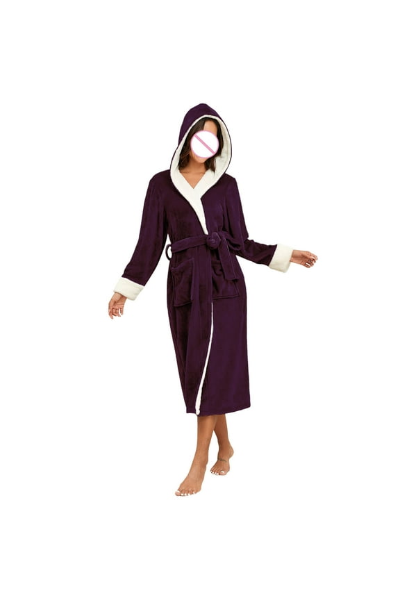 Women's Warm Flannel Hooded Robes Womens Thicker Plush Soft Bathrobes Comfy Sleepwear Hoodies Shawl Collar Bathrobe Pajama Winter Cute Long Housecoat Loungewear Belt Pocket,Purple,Large