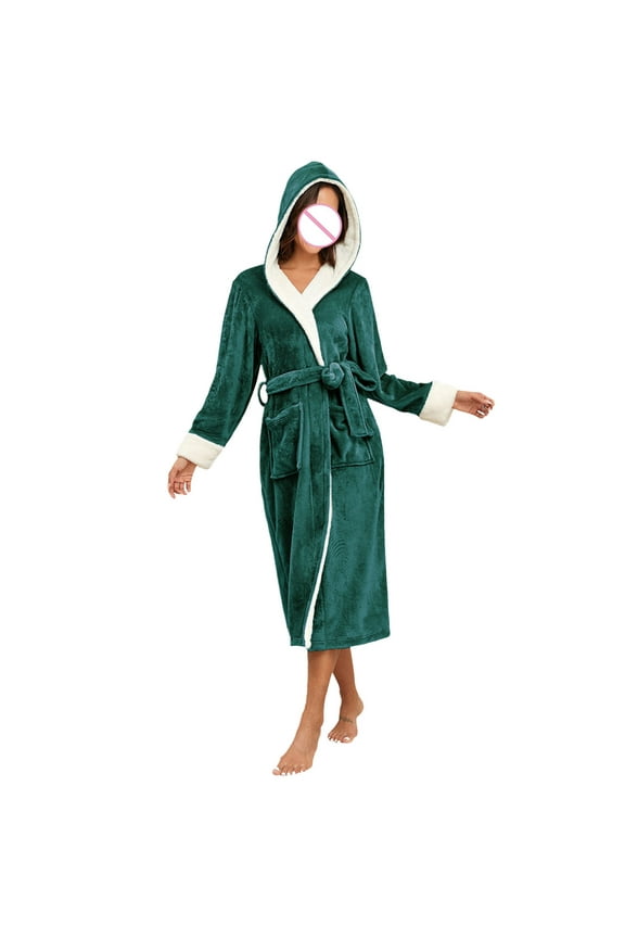 Women's Warm Flannel Hooded Robes Womens Thicker Plush Soft Bathrobes Comfy Sleepwear Hoodies Shawl Collar Bathrobe Pajama Winter Cute Long Housecoat Loungewear Belt Pocket,Green,X-Large