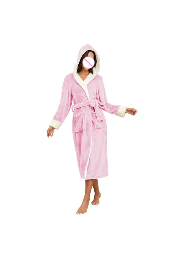 Women's Warm Flannel Hooded Robes Womens Thicker Plush Soft Bathrobes Comfy Sleepwear Hoodies Shawl Collar Bathrobe Pajama Winter Cute Long Housecoat Loungewear Belt Pocket,Pink,X-Large