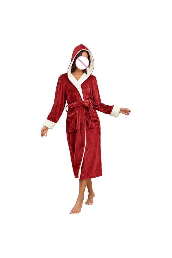 Women's Warm Flannel Hooded Robes Womens Thicker Plush Soft Bathrobes Comfy Sleepwear Hoodies Shawl Collar Bathrobe Pajama Winter Cute Long Housecoat Loungewear Belt Pocket,Wine,X-Large