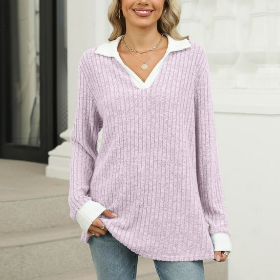 hxobax Womens 2024 Sweater Tops Long Sleeve Collared V Neck Ribbed Knit Shirts Fall Pullover Jumpers