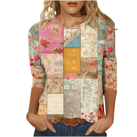 hxobax Womens 3/4 Length Sleeve T Shirts Trendy Casual Top Cute Colorblock Tunic Tee Crewneck Tshirt