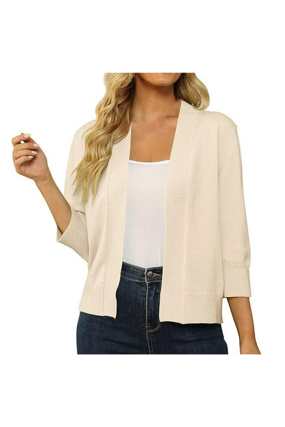 Womens 3/4 Sleeve Short Shrugs Open Front Cropped Cardigan Sweater Elegant Knit Shirt Jackets