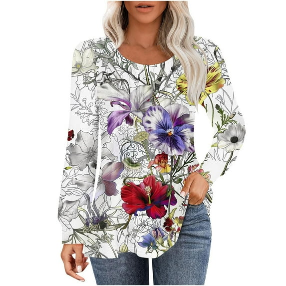 hxobax Womens Casual Blouse Floral Long Sleeve Shirts Tunic Top for Leggings Crewneck Pleated Tshirt