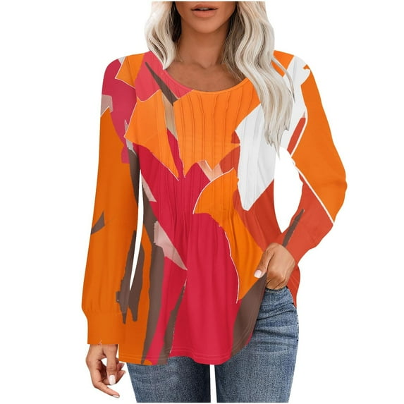 hxobax Womens Casual Blouse Floral Long Sleeve Shirts Tunic Top for Leggings Crewneck Pleated Tshirt