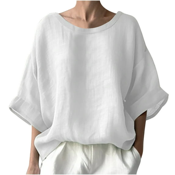 hxobax Womens Casual Cotton T-Shirts Oversized Crewneck Tunic Tops Roll Half Sleeve Pullover Shirts