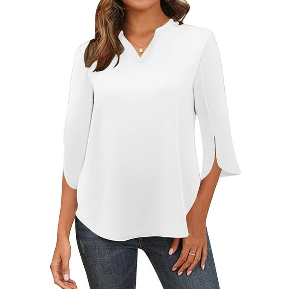 hxobax Womens Casual Work Blouses Henley V Neck Tunic Tops Trendy Split 3/4 Length Sleeve Tee Shirts