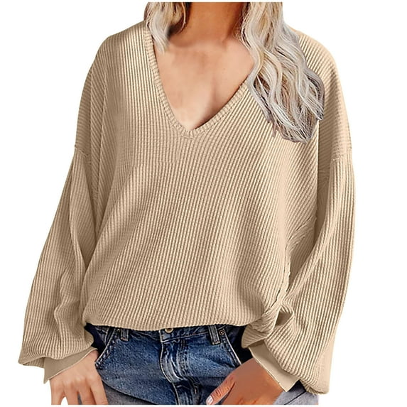hxobax Womens Corduroy Long Sleeve V Neck Pullover Tops Fall Trendy Rib Long Lanterns Sleeve Jumpers