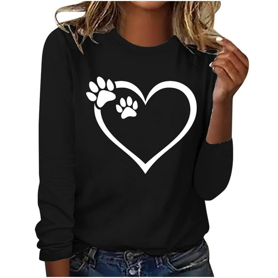 hxobax Womens Crewneck Long Sleeve Tshirs Cute Heart Paw Print Tunic Tops Basic Tee Pullover Blouses