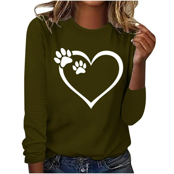 hxobax Womens Crewneck Long Sleeve Tshirs Cute Heart Paw Print Tunic Tops Basic Tee Pullover Blouses