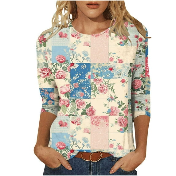 hxobax Womens Crewneck Tshirts 3/4 Length Sleeve Tops Dressy Casual Tunic Tee Lattice T Shirt Blouse