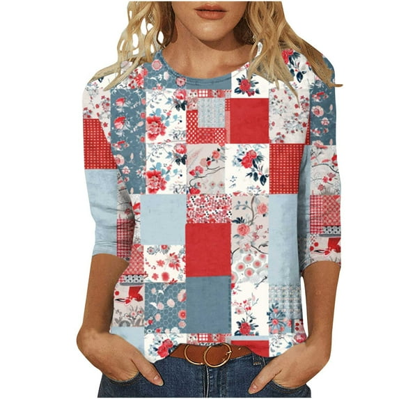 hxobax Womens Crewneck Tshirts 3/4 Length Sleeve Tops Dressy Casual Tunic Tee Lattice T Shirt Blouse