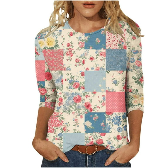 hxobax Womens Cute 3/4 Sleeve Shirts Fall Round Neck Tunic Tops Casual Blouses Tshirts Lattice Tees