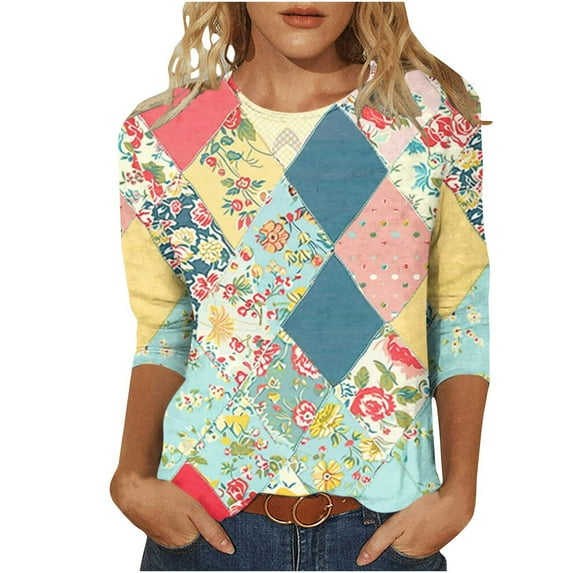 hxobax Womens Cute 3/4 Sleeve Shirts Fall Round Neck Tunic Tops Casual Blouses Tshirts Lattice Tees