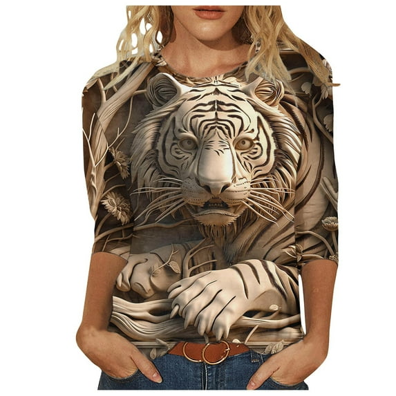 hxobax Womens Cute 3/4 Sleeve T Shirts 3D Animals Print Tunic Tee Crewneck Summer Tops Comfy Blouses