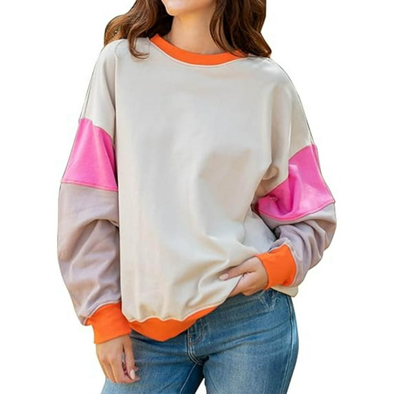 hxobax Womens Cute Fall Sweatshirt Colorblock Long Sleeve Crewneck Pullover Tops Trendy Sweatshirts