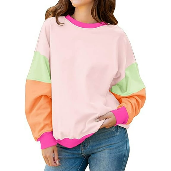 hxobax Womens Cute Fall Sweatshirt Colorblock Long Sleeve Crewneck Pullover Tops Trendy Sweatshirts