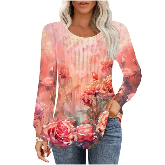 hxobax Womens Fall Long Sleeve Tops Classic Floral Pullover Tunic Crewneck Pleated T Shirts Blouses