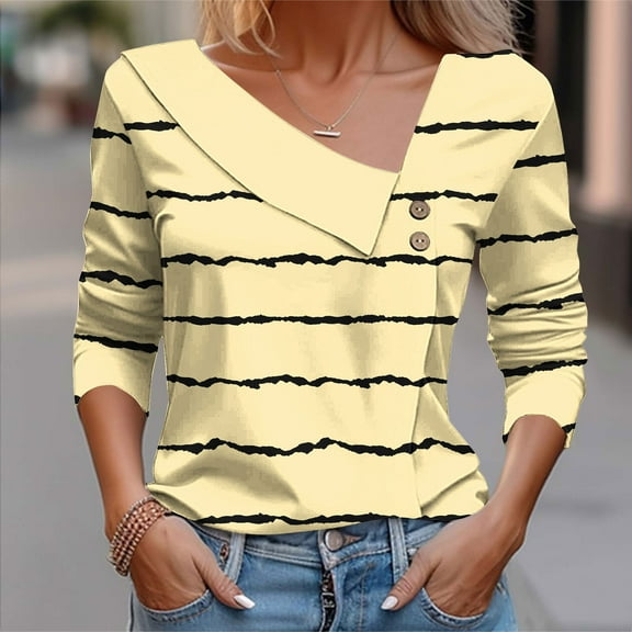hxobax Womens Fall Long Sleeve Tops Collar V Neck Tunic Top Tie-Dye Striped Tshirts Button up Shirts