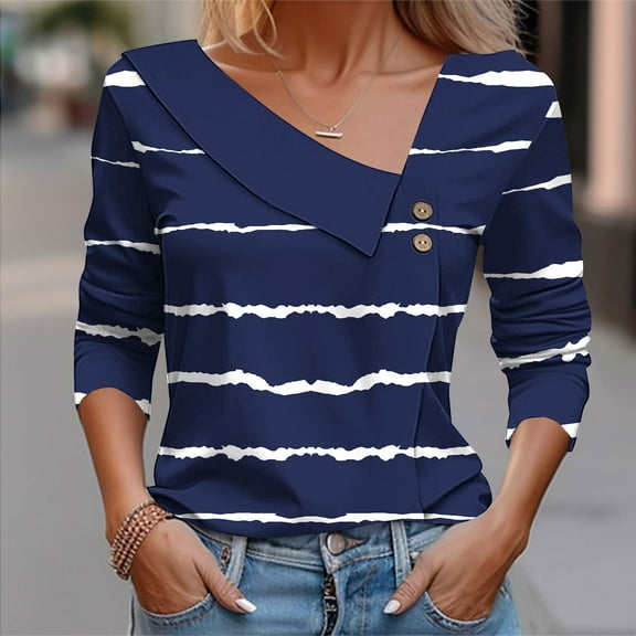 hxobax Womens Fall Long Sleeve Tops Collar V Neck Tunic Top Tie-Dye Striped Tshirts Button up Shirts