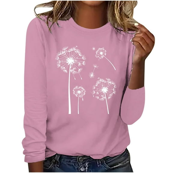 hxobax Womens Fall Tops Dandelion Print Tee Shirt Casual Crewneck Long Sleeve Shirts Pullover Blouse