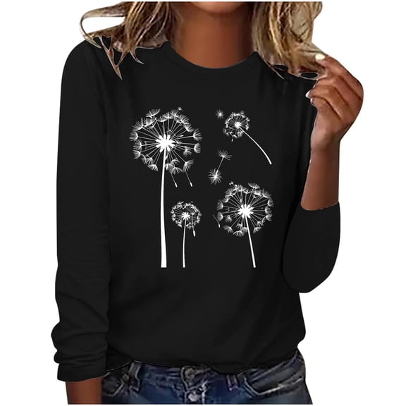 hxobax Womens Fall Tops Dandelion Print Tee Shirt Casual Crewneck Long Sleeve Shirts Pullover Blouse