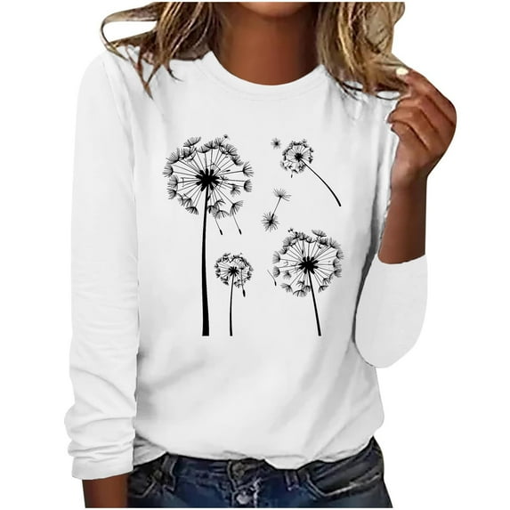 hxobax Womens Fall Tops Dandelion Print Tee Shirt Casual Crewneck Long Sleeve Shirts Pullover Blouse