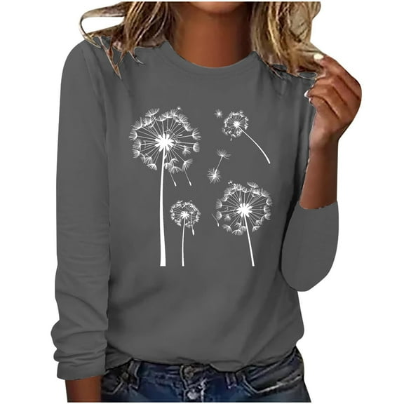 hxobax Womens Fall Tops Dandelion Print Tee Shirt Casual Crewneck Long Sleeve Shirts Pullover Blouse