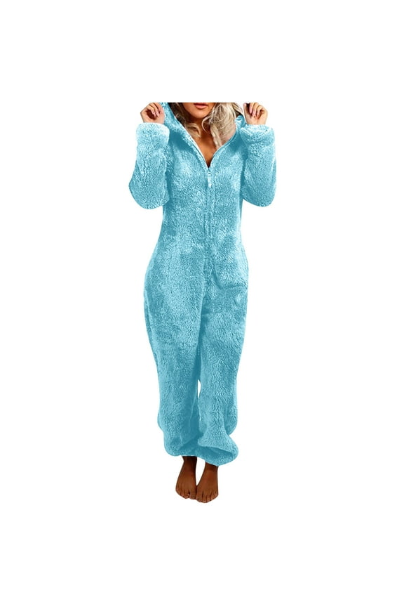 Womens Fleece Hooded Onesie Pajamas Jumpsuit Warm Sherpa Romper Sleepwear One Piece Zipper Cat Ear Hoodies Playsuit Loungewear Winter Soft Fuzzy Plush Bathrobe Cute Onesies,Light Blue,Large