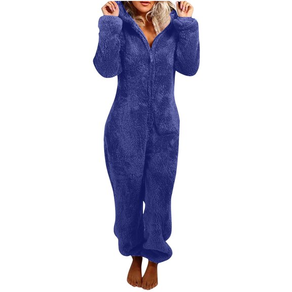 hxobax Womens Fleece Hooded Onesie Pajamas Jumpsuit Warm Sherpa Romper Sleepwear One Piece Zipper Cat Ear Hoodies Playsuit Loungewear Winter Soft Fuzzy Plush Bathrobe Cute Onesies,Blue,XX-Large