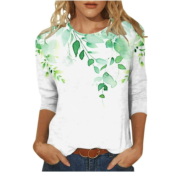hxobax Womens Floral 3/4 Sleeve Tops Casual Crewneck Tshirts Summer Basic Tunic Tees Comfy Blouses