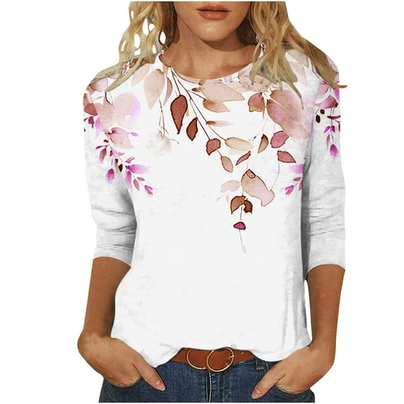 hxobax Womens Floral 3/4 Sleeve Tops Casual Crewneck Tshirts Summer Basic Tunic Tees Comfy Blouses