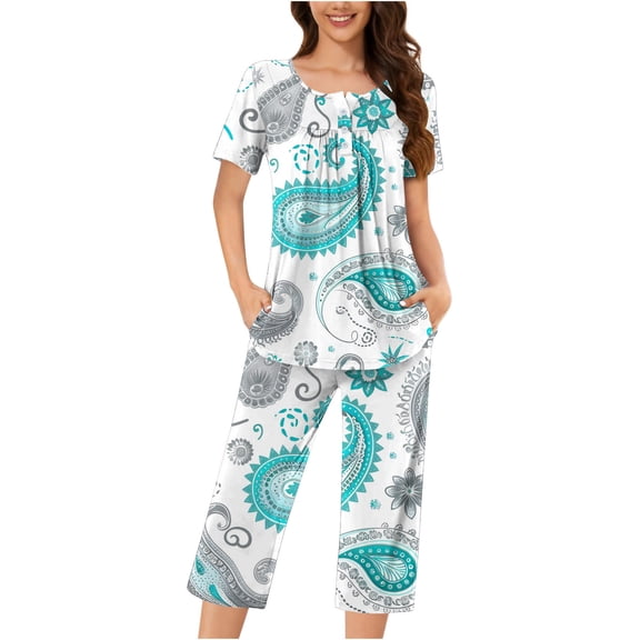 hxobax Womens Floral Pajama Sets 2 Piece Pjs Short Sleeve Pleated Tops and Capri Pants Set Sleepwear Casual Matching Sets Crewneck Shirt Loungewear Comfy Nightwear Pajamas Suits,#02_White,Medium