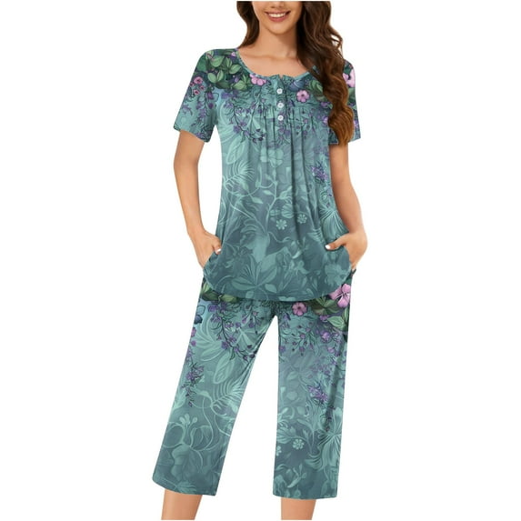 hxobax Womens Floral Pajama Sets 2 Piece Pjs Short Sleeve Pleated Tops and Capri Pants Set Sleepwear Casual Matching Sets Crewneck Shirt Loungewear Comfy Nightwear Pajamas Suits,#03_Navy,Small