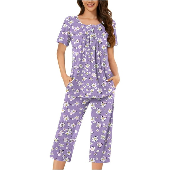 hxobax Womens Floral Pajama Sets 2 Piece Pjs Short Sleeve Pleated Tops and Capri Pants Set Sleepwear Casual Matching Sets Crewneck Shirt Loungewear Comfy Nightwear Pajamas Suits,#08_Purple,3X-Large