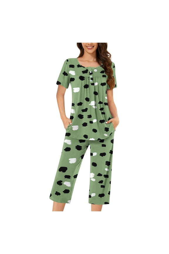 Womens Floral Pajama Sets 2 Piece Pjs Short Sleeve Pleated Tops and Capri Pants Set Sleepwear Casual Matching Sets Crewneck Shirt Loungewear Comfy Nightwear Pajamas Suits,#06_Green,Small